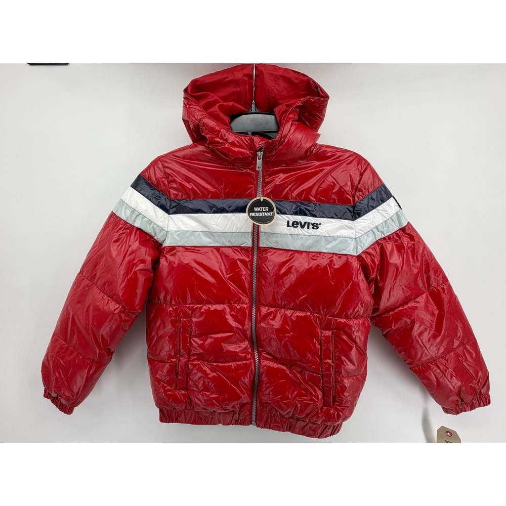 Levis Boys Red Water Resistant Puffer Jacket Hooded Glossy‎ Coat Large 12-13 YRS - Picture 2 of 5